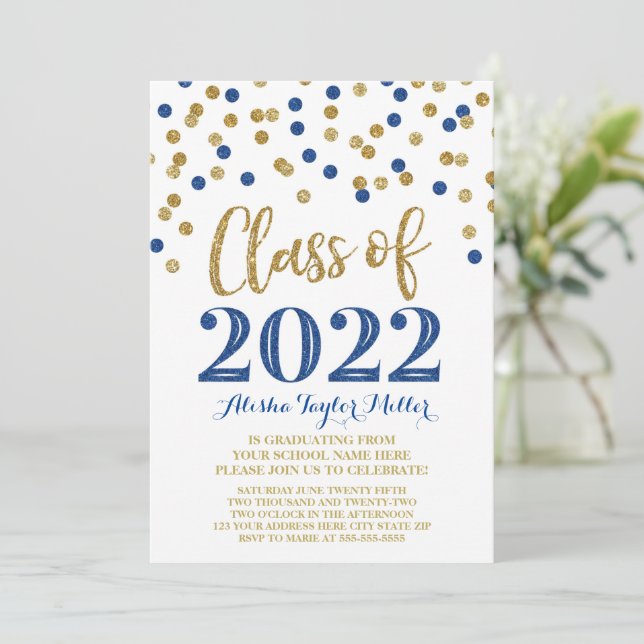 Invitation Gold Blue Parties scintillant Confetti Graduation  (Debout devant)