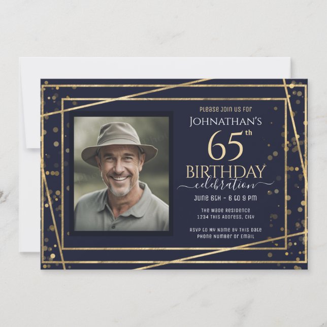 Invitation Gold Blue Photo 65th Birthday Party (Devant)