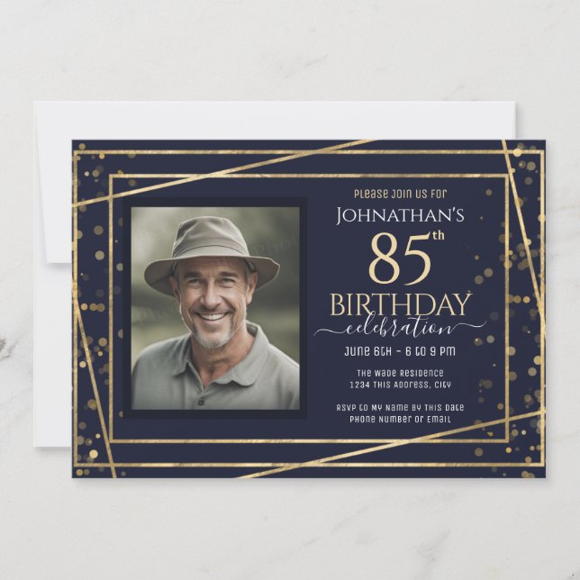 Invitation Gold Blue Photo 85th Birthday Party (Devant)