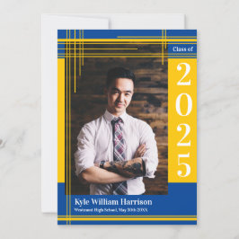 Invitation Gold Blue School Couleur Graduation Photo Plaid