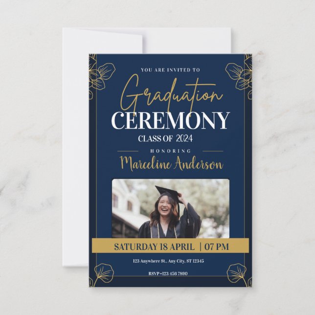 Invitation Gold Blue Vintage Classic Graduation (Devant)