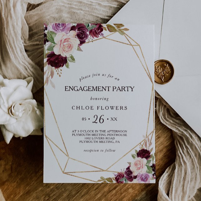 Invitation Gold Blush Burgundy Floral Engagement Party (Créateur téléchargé)