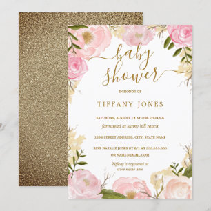 Invitation Gold Blush Floral Aquarelle Baby shower fille