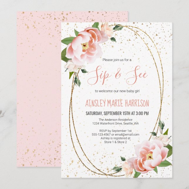 Invitation Gold Blush Floral Sip & Voir bébé fille douche (Devant / Derrière)