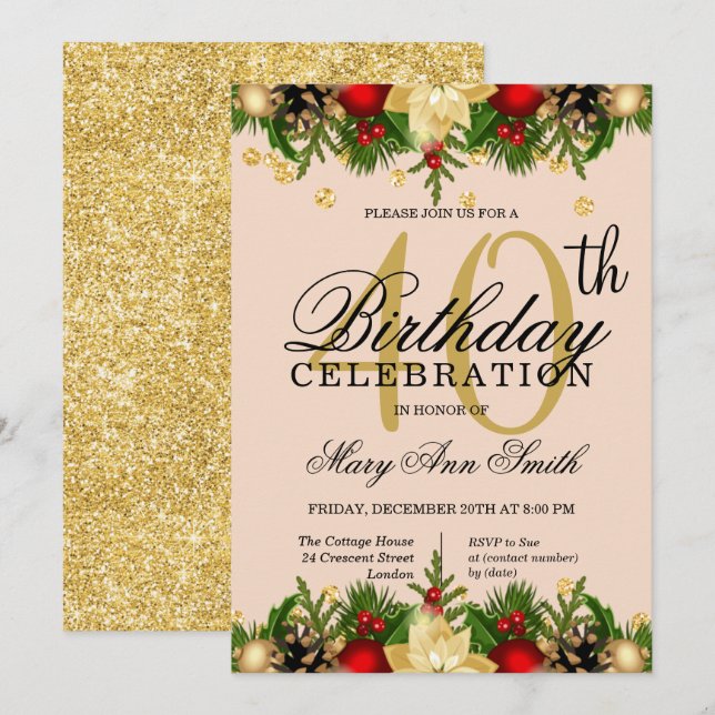 Invitation Gold & Blush Parties scintillant de vacances 40e f (Devant / Derrière)
