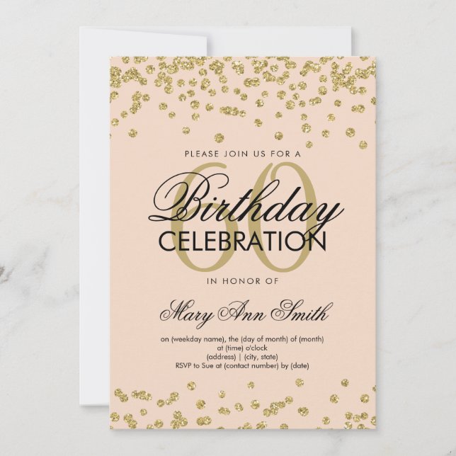 Invitation Gold Blush Pink 60e anniversaire Parties scintilla (Devant)