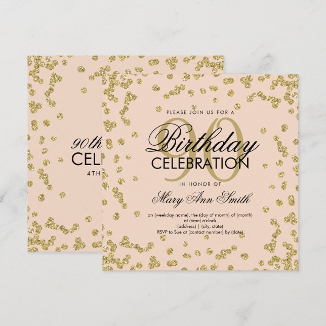Invitation Gold Blush Pink 90e anniversaire Parties scintilla (Devant / Derrière)