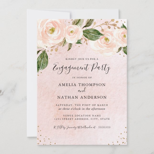 Invitation Gold Blush Pink Floral Engagement Party (Devant)