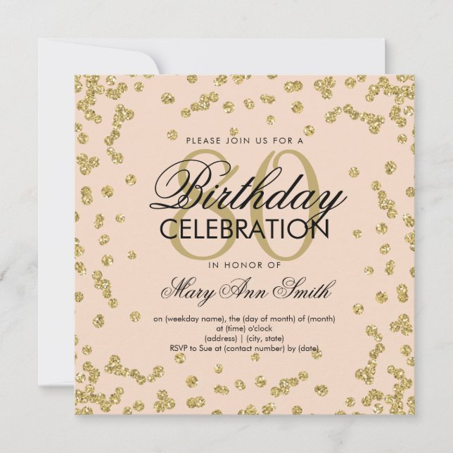 Invitation Gold Blush rose 80e anniversaire Parties scintilla (Devant)