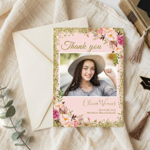 Invitation Gold Blush rose floral Merci de graduation photo