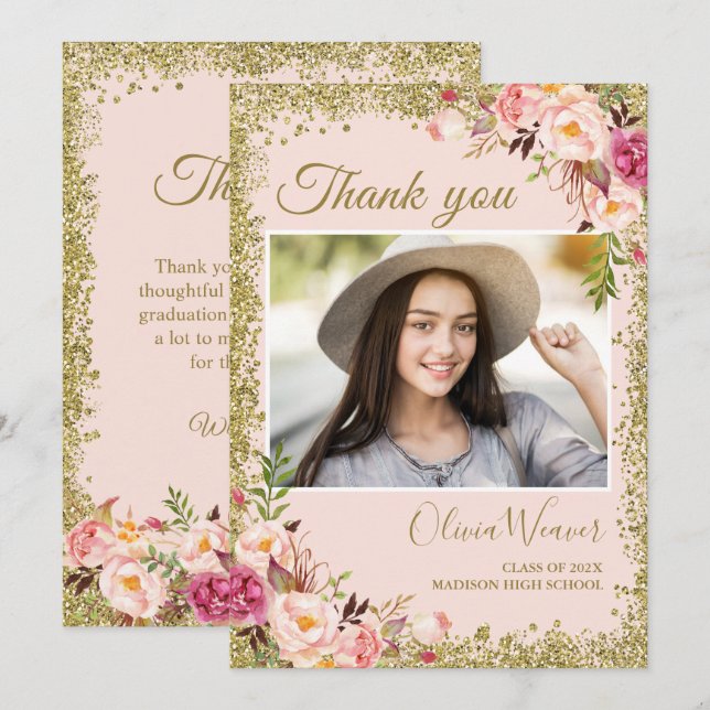 Invitation Gold Blush rose floral Merci de graduation photo (Devant / Derrière)