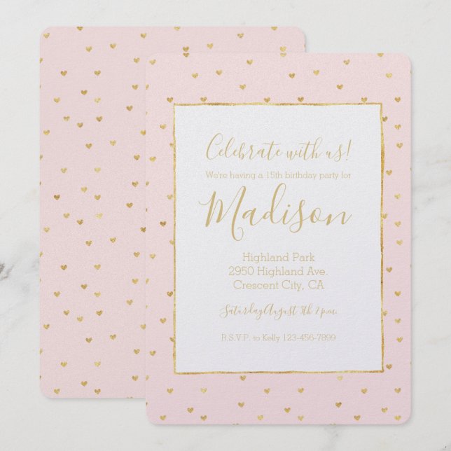 Invitation Gold Blush rose Petits Coeurs Anniversaire (Devant / Derrière)