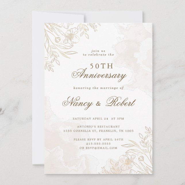 Invitation Gold Boho Fleurs sauvages 50e anniversaire Mariage (Devant)