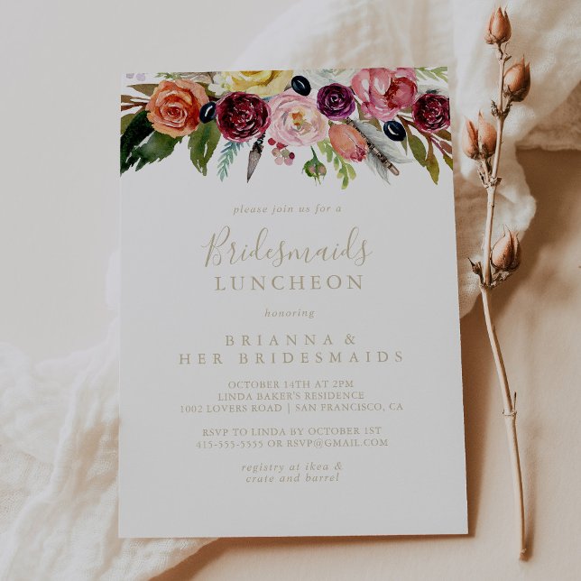 Invitation Gold Boho Floral Bridesmaids Luncheon Douche (Créateur téléchargé)