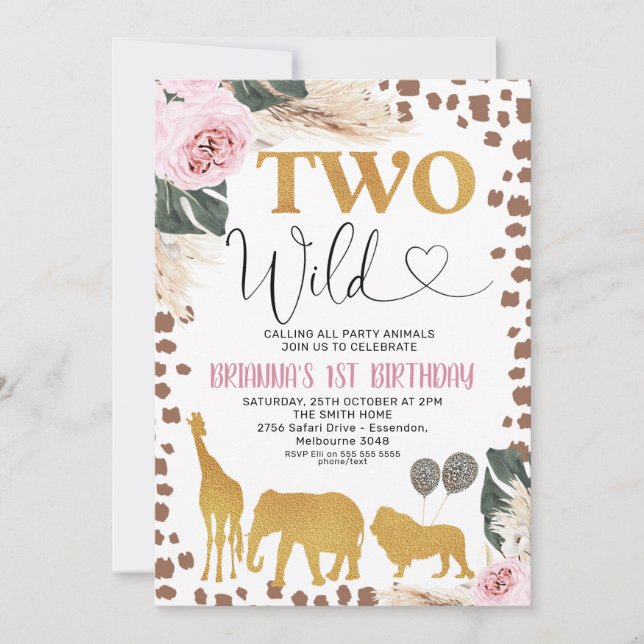 Invitation Gold Boho Floral Safari Deux Wild 2e Anniversaire (Devant)