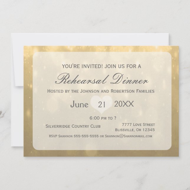 Invitation Gold Bokeh | Dîner de répétition (Devant)