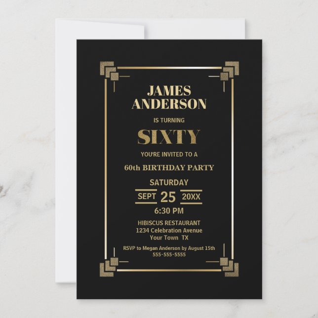 Invitation Gold Border Black 60th Birthday Party (Devant)