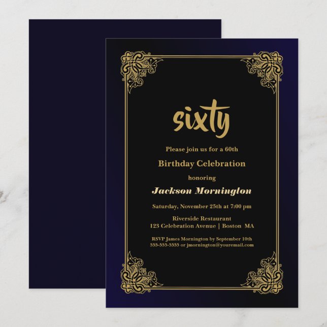 Invitation Gold Border Black 60th Birthday Party (Devant / Derrière)