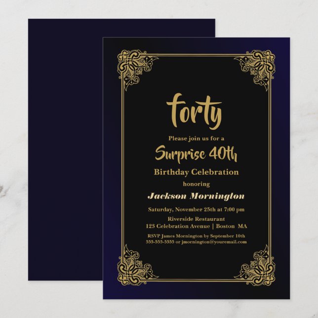 Invitation Gold Border Black Surprise 40e fête d'anniversaire (Devant / Derrière)