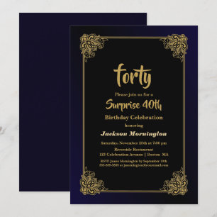 Invitation Gold Border Black Surprise 40e fête d'anniversaire
