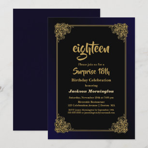Invitation Gold Border Blue Surprise 18e fête d'anniversaire