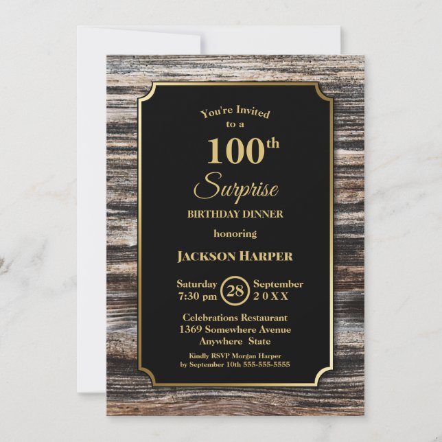 Invitation Gold Border Bois Surprise 100e anniversaire Dîner (Devant)
