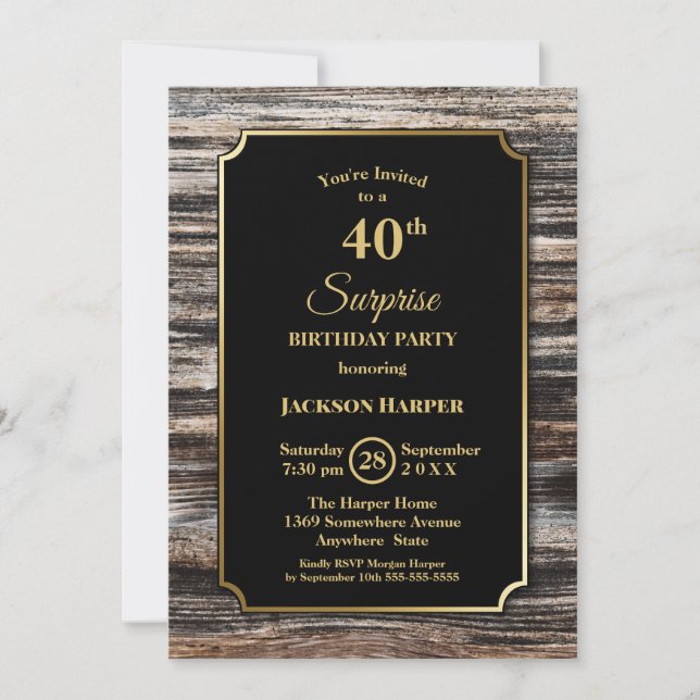 Invitation Gold Border Bois Surprise 40e fête d'anniversaire (Devant)
