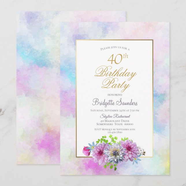 Invitation Gold Border Rose Floral 40e fête d'anniversaire (Devant / Derrière)