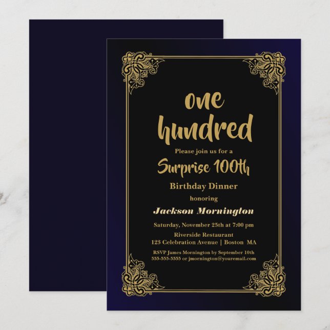 Invitation Gold Border Surprise 100e anniversaire Dîner (Devant / Derrière)