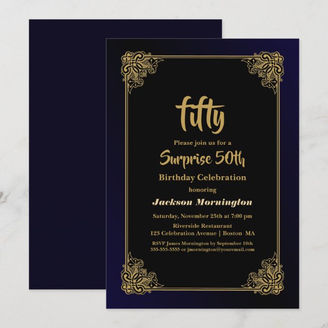 Invitation Gold Border Surprise 50e fête d'anniversaire (Devant / Derrière)