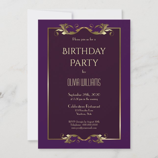 Invitation Gold Bordure violet fête d'anniversaire (Devant)