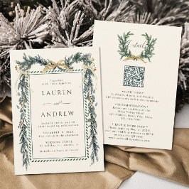 Invitation Gold Bow & Green Garland Wedding All in One Ivory