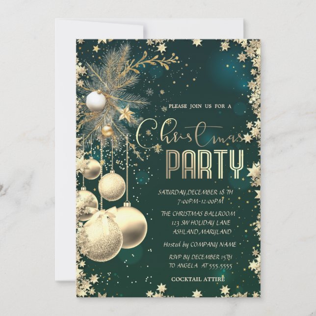 Invitation Gold Branches Balls Stars Green Company Christmas  (Devant)
