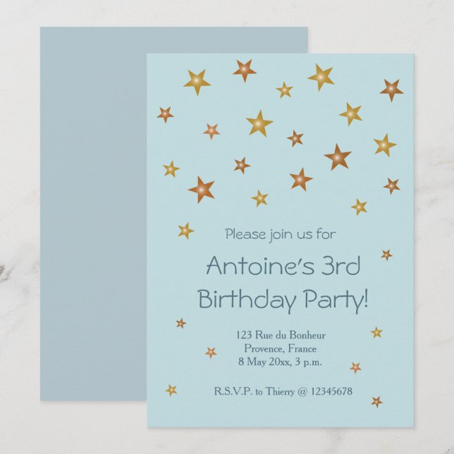 Invitation Gold brillant étoiles Bleu clair bébé Anniversaire (Devant / Derrière)