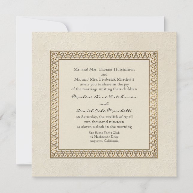 Invitation Gold Brocade Damask Floral Formal Mariage élégant (Devant)