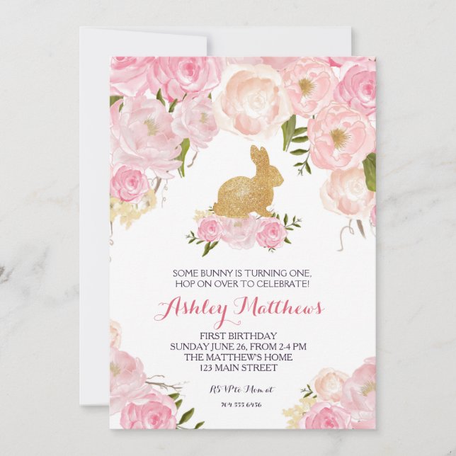 Invitation Gold Bunny anniversaire rose Floral Invitation, (Devant)