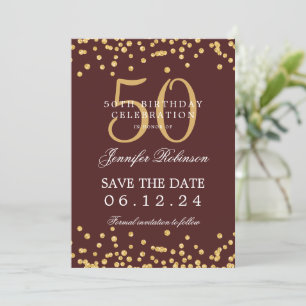 Invitation Gold Burgundy 50th Birthday Enregistrer la date Dé