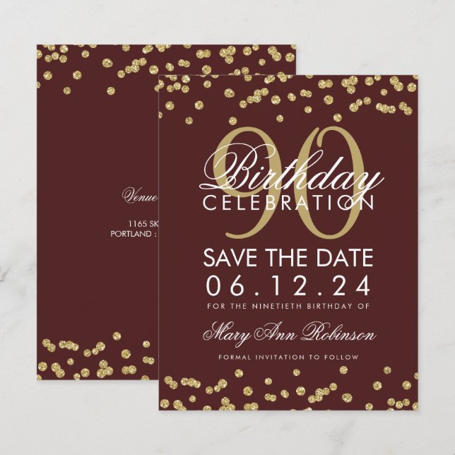 Invitation Gold Burgundy 90th Birthday Save Date Confetti (Devant / Derrière)