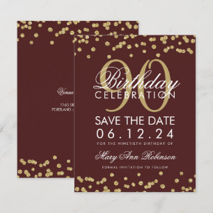 Invitation Gold Burgundy 90th Birthday Save Date Confetti