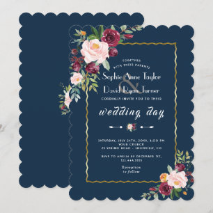 Invitation Gold Burgundy Blush Floral Navy Mariage bleu