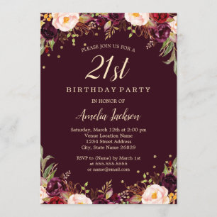 Invitation Gold Burgundy Elégant Floral 21e fête d'anniversai