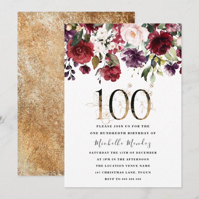 Invitation Gold Burgundy Floral Élégant 100e fête d'anniversa (Devant / Derrière)