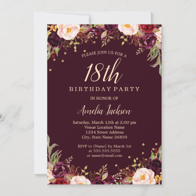Invitation Gold Burgundy Floral Élégant 18ème Anniversaire (Devant)