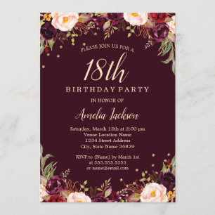 Invitation Gold Burgundy Floral Élégant 18ème Anniversaire