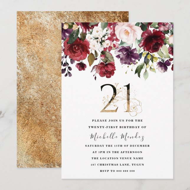 Invitation Gold Burgundy Floral Élégant 21ème Anniversaire (Devant / Derrière)