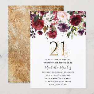 Invitation Gold Burgundy Floral Élégant 21ème Anniversaire