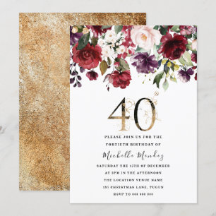 Invitation Gold Burgundy Floral Elégant 40e Anniversaire