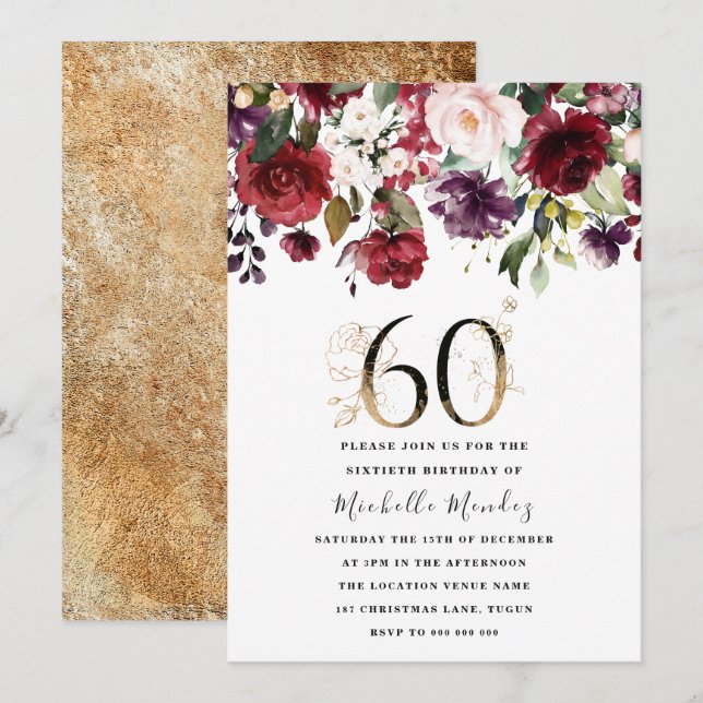 Invitation Gold Burgundy Floral Élégant 60e Anniversaire (Devant / Derrière)