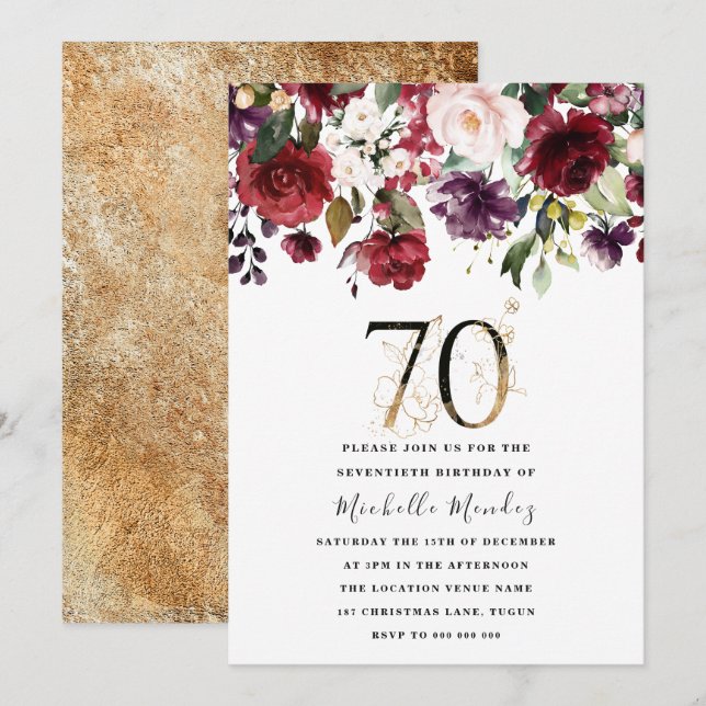 Invitation Gold Burgundy Floral Élégant 70e fête d'anniversai (Devant / Derrière)