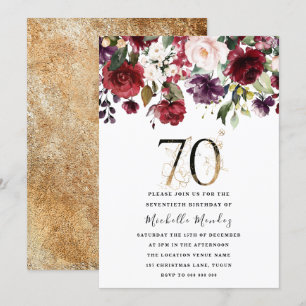 Invitation Gold Burgundy Floral Élégant 70e fête d'anniversai